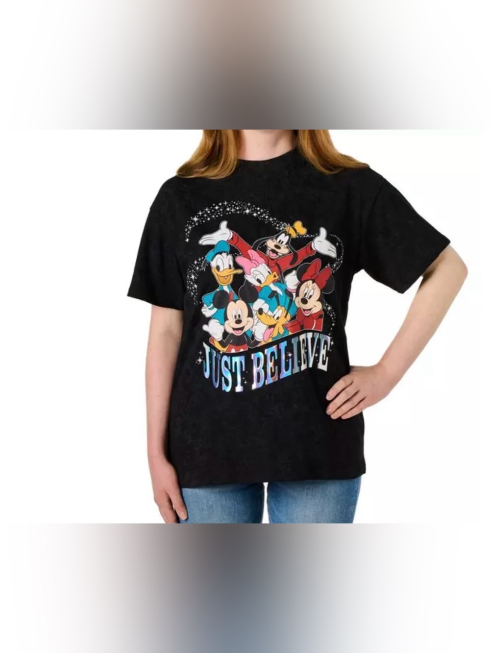 Disney Adult “JUST BELIEVE” Mickey Goofy Donald Duck Holographic T-Shirt Medium